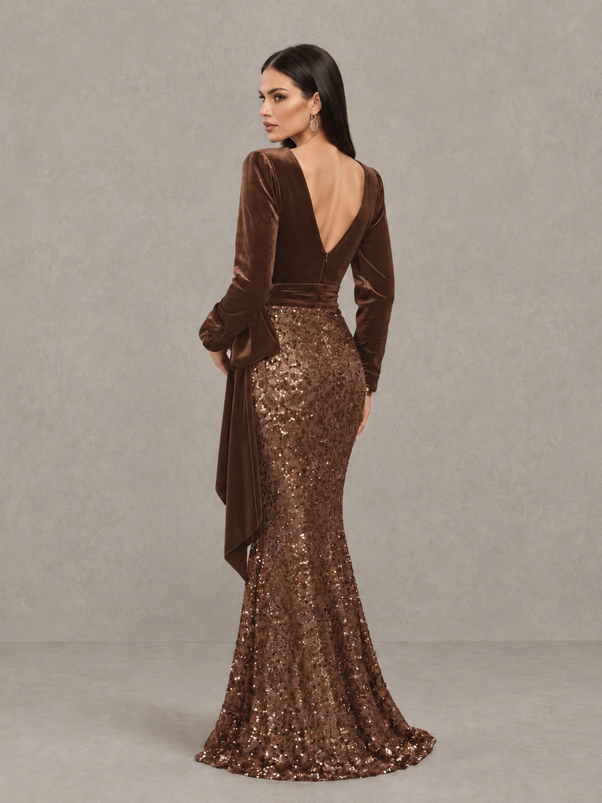 BOLODOO Brown Velvet & Sequin Long Sleeve V-Neck Mermaid Evening Gown - Brown - Brown_2