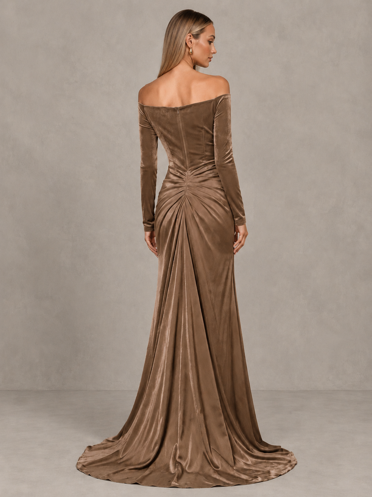 BOLODOO Brown Off-Shoulder Velvet Evening Gown with High Slit - Brown - Brown_2