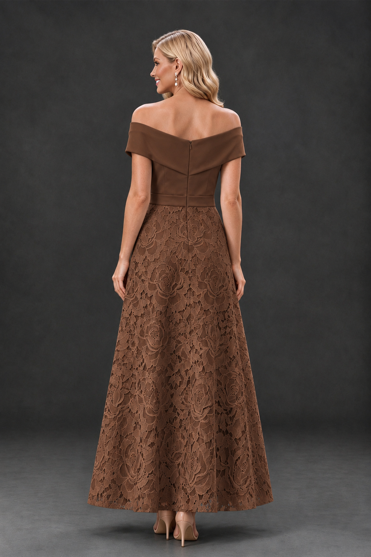 BOLODOO Brown Off-the-Shoulder Floral A-Line Mother of the Bride Dress - Brown - Brown_2