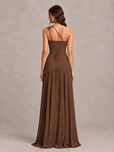 BOLODOO Brown One-Shoulder Lace-Up Back Bridesmaid Dress - Brown - Brown_2