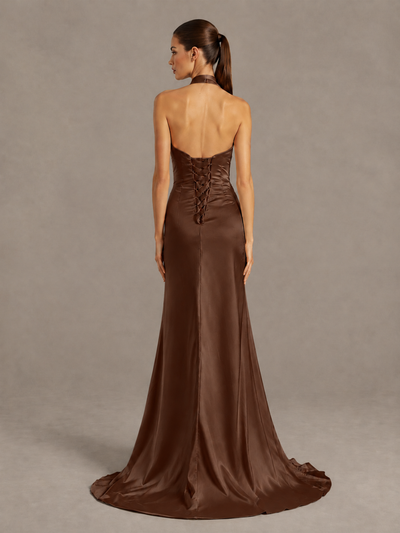 BOLODOO Brown Halter Satin Evening & Prom Dress with High Slit - Brown - Brown_2