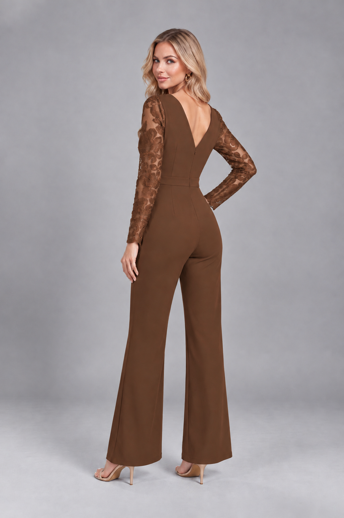 BOLODOO Brown Lace Long-Sleeve V-Neck Mother Pant Suit - Brown - Brown_2