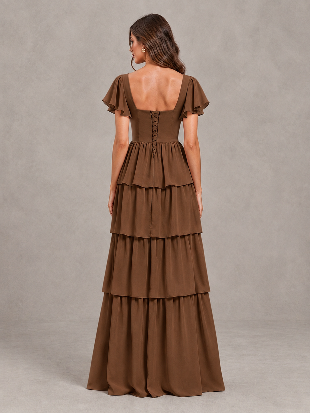 BOLODOO Brown Flutter Sleeve Tiered Maxi Bridesmaid Dress - Brown - Brown_2