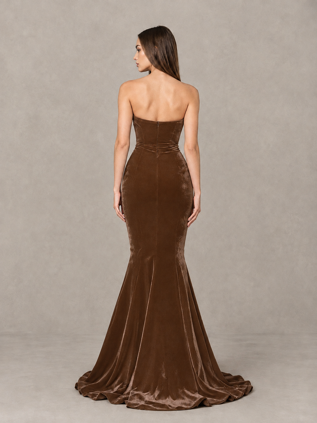 BOLODOO Brown Strapless Sweetheart Velvet-Look Mermaid Evening Dress - Brown - Brown_2