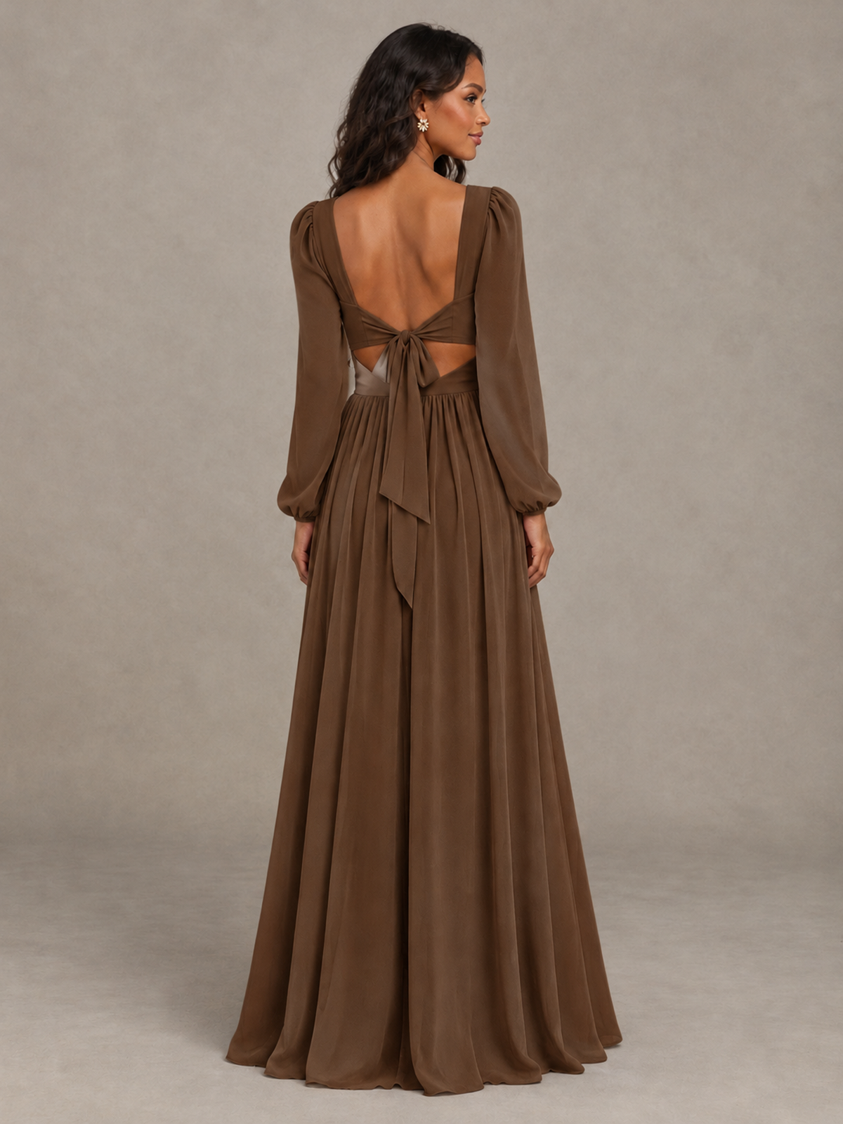 BOLODOO Brown V-Neck Long Sleeve Bridesmaid Dress with Tie Back and Slit - Brown - Brown_2
