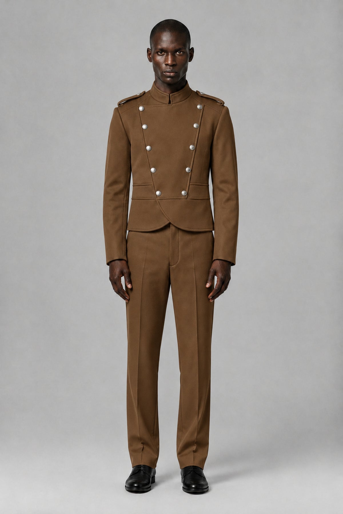 Bolodoo Men's Brown Military-Inspired Two-Piece Suit with Stand Collar - Brown - Brown_2