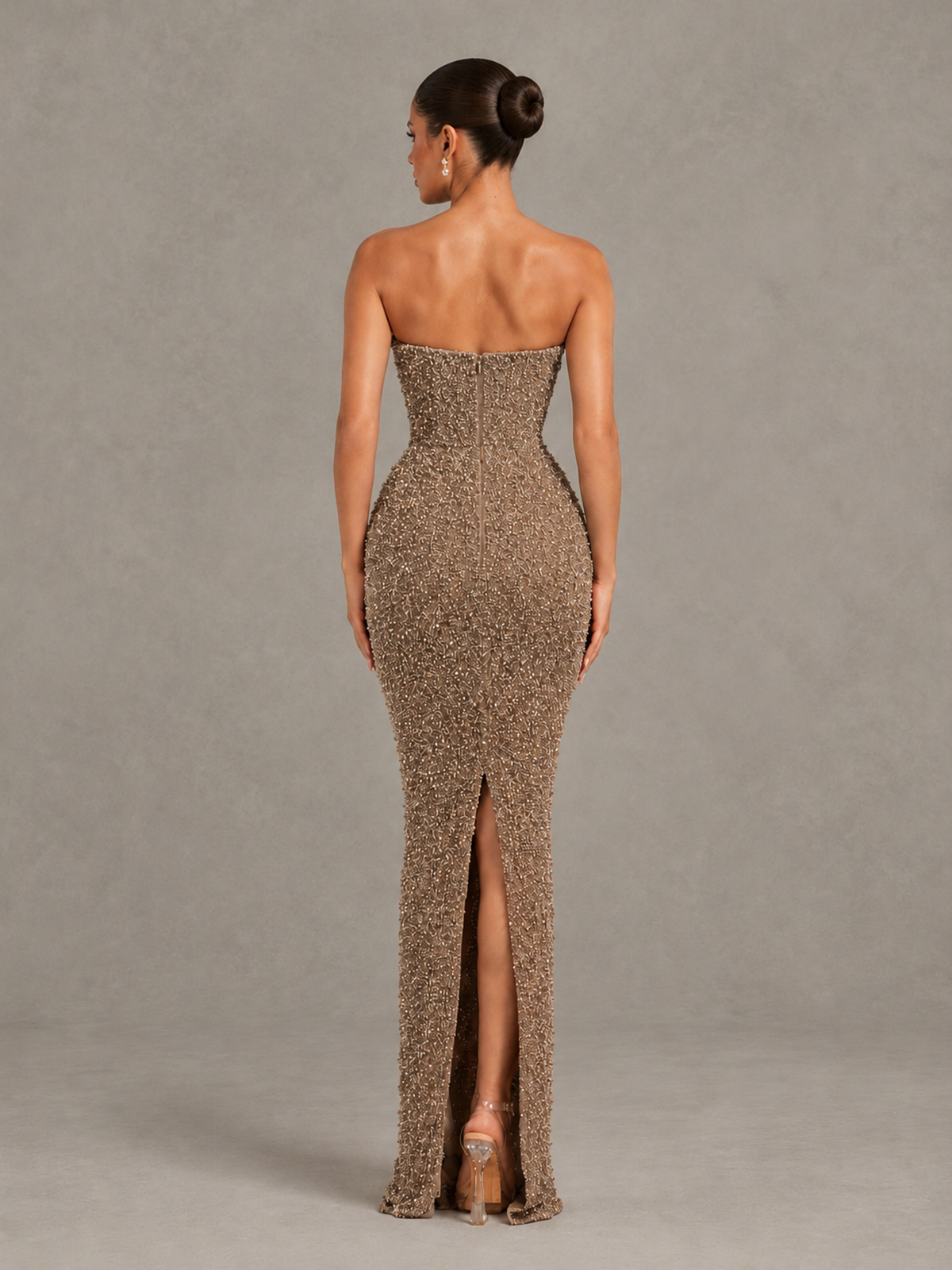 BOLODOO Brown Strapless Sequin Evening Gown with Floral Neckline - Brown - Brown_2