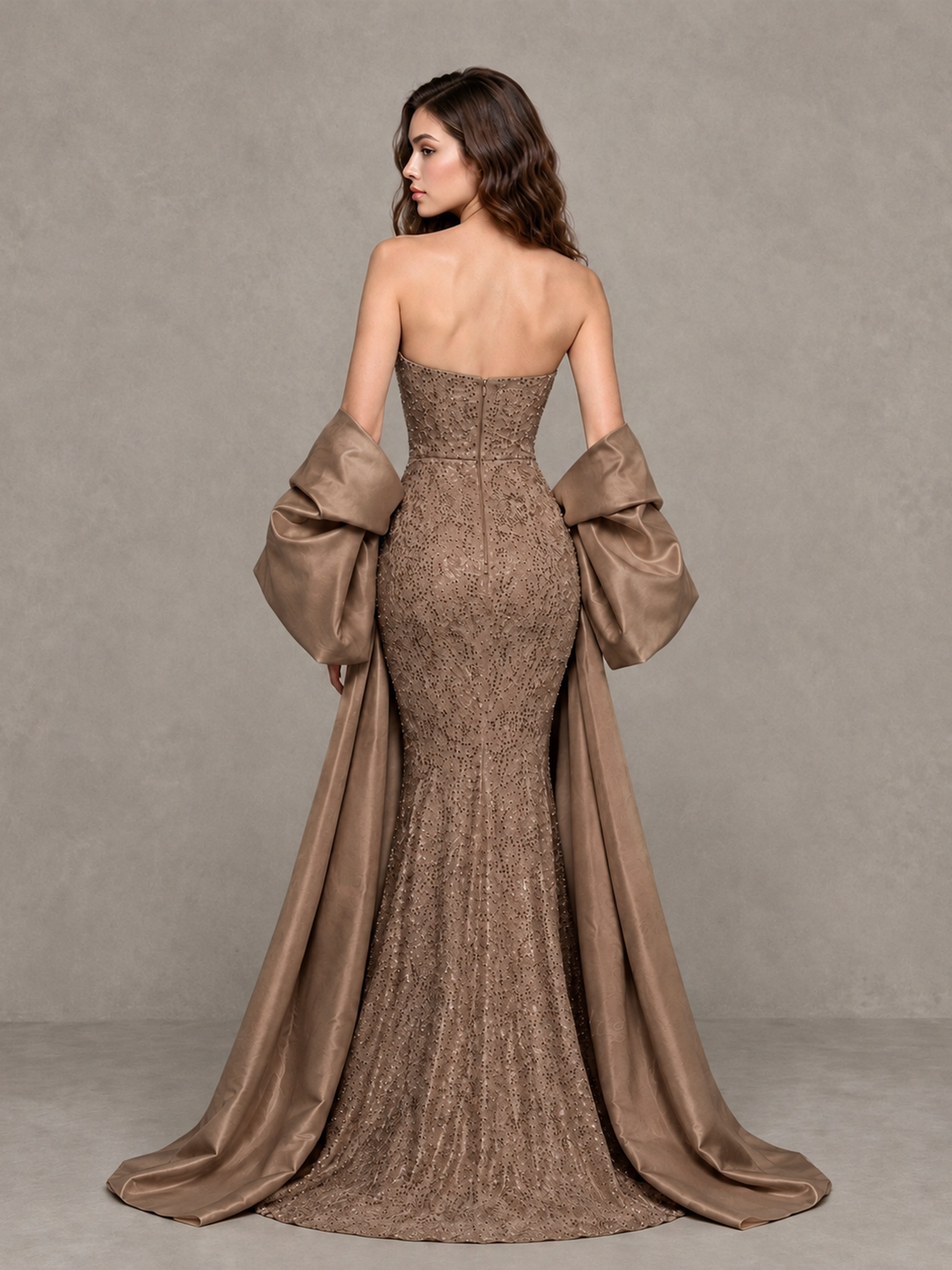 BOLODOO Brown Strapless Sparkle Mermaid Prom Dress with Front Slit and Draped Sleeves - Brown - Brown_2