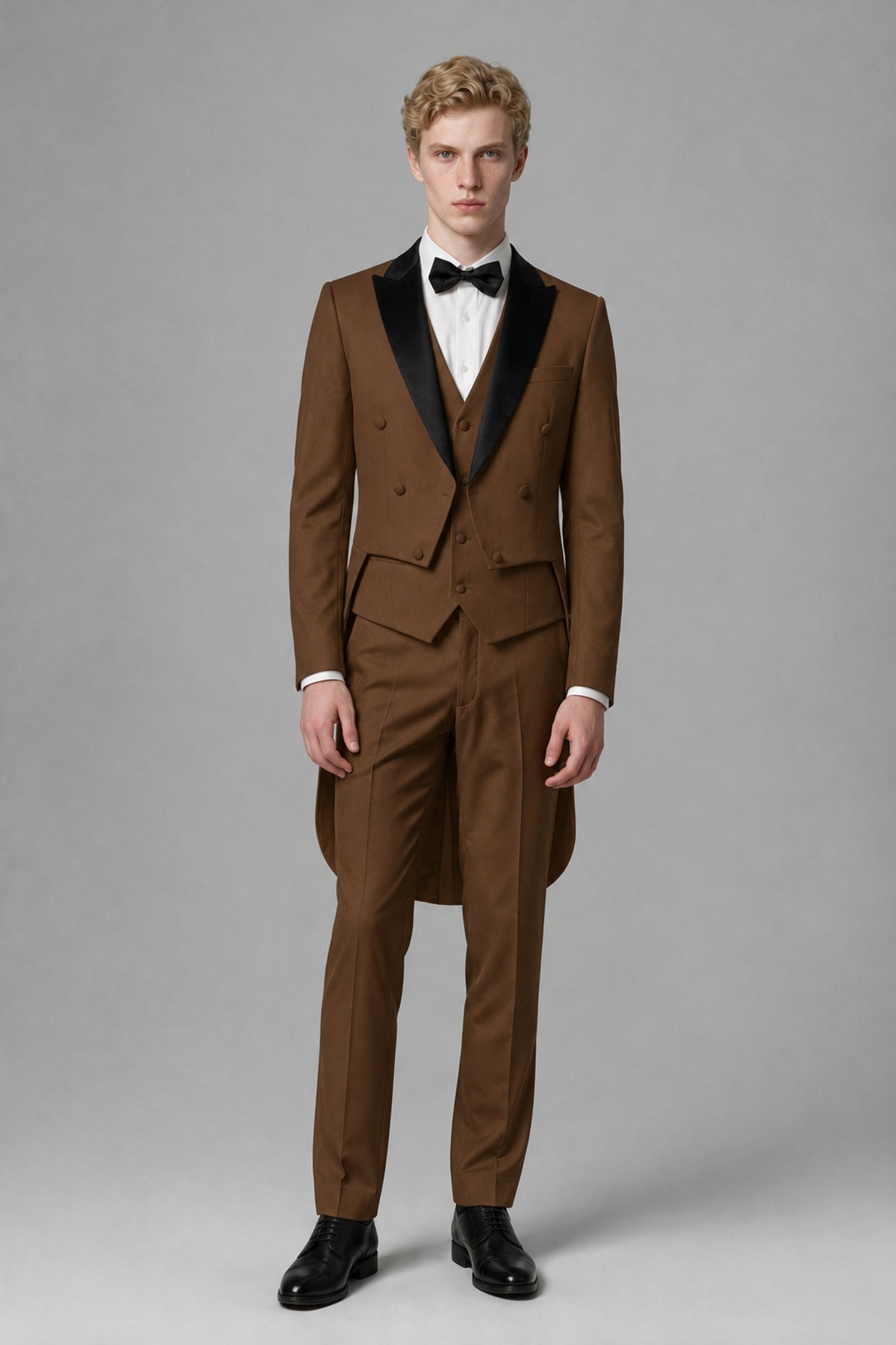 Bolodoo Men's Brown 3-Piece Tailcoat Tuxedo Suit with Vest & Trousers - Brown - Brown_2