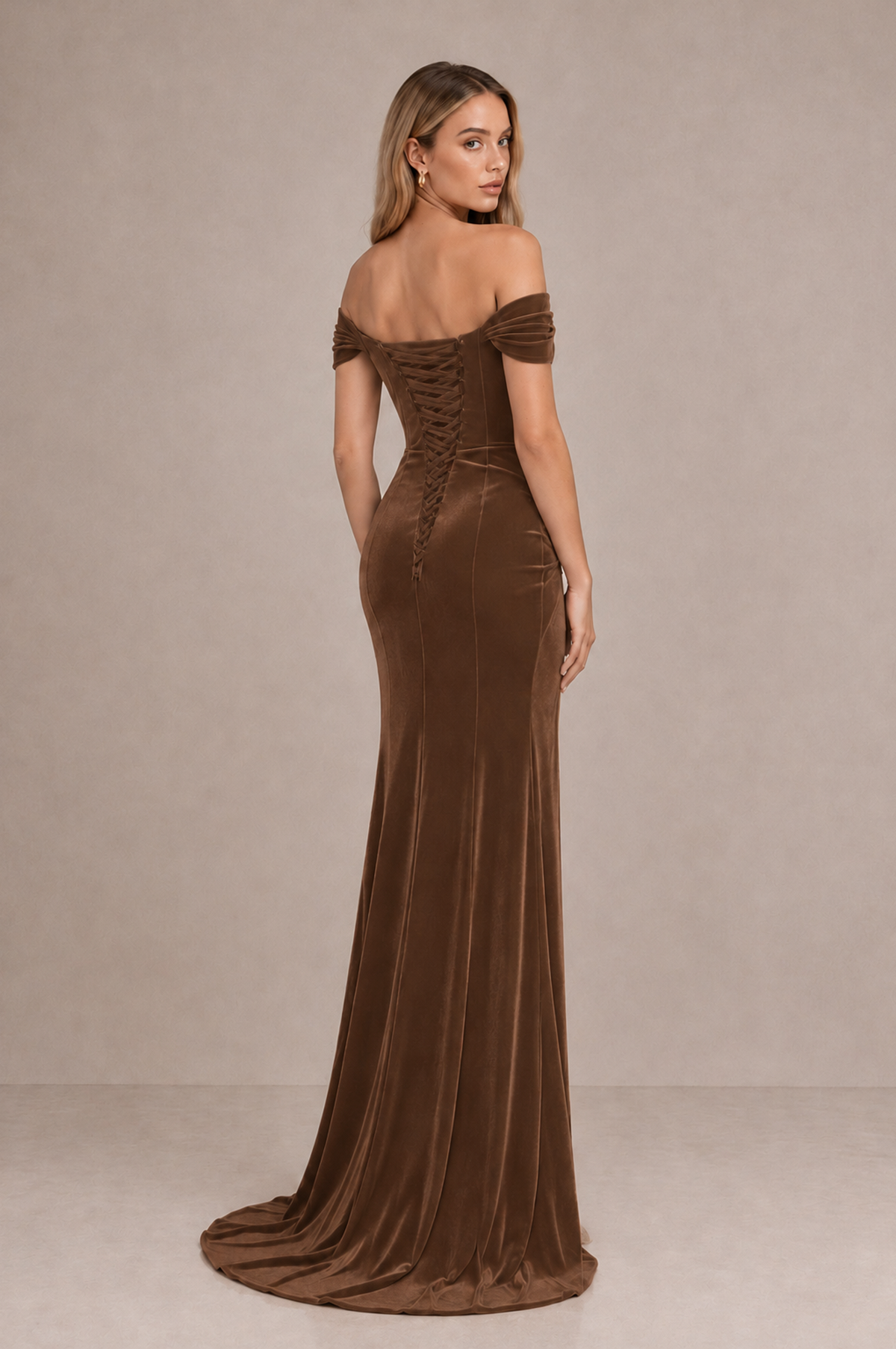 BOLODOO Brown Velvet Off-Shoulder Ruched High Slit Evening Dress - Brown - Brown_2