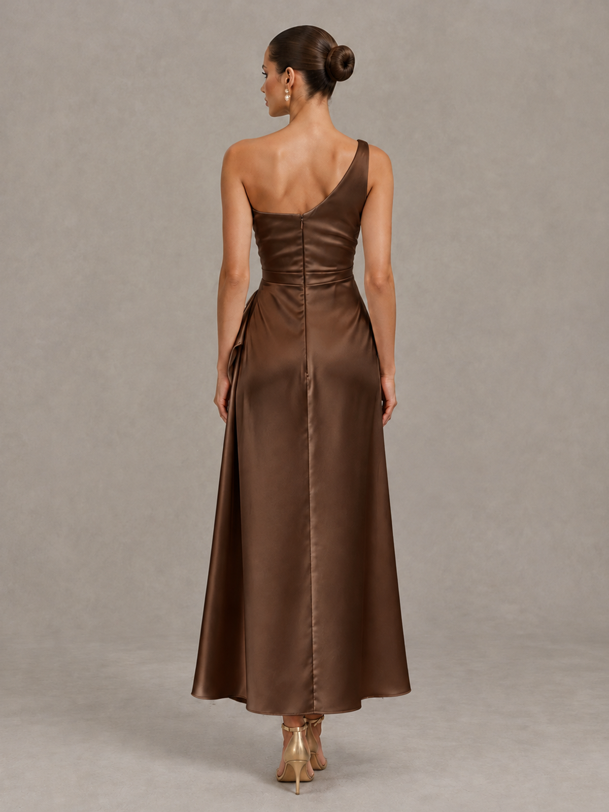 BOLODOO Brown One Shoulder Satin Cocktail Dress with Draped A-Line Skirt - Brown - Brown_2