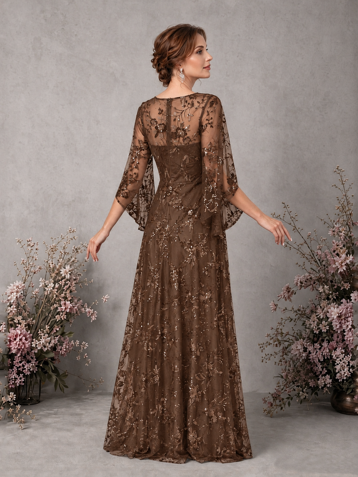 BOLODOO Brown Sequin Lace Cape Sleeve Formal Evening Gown - Brown - Brown_2