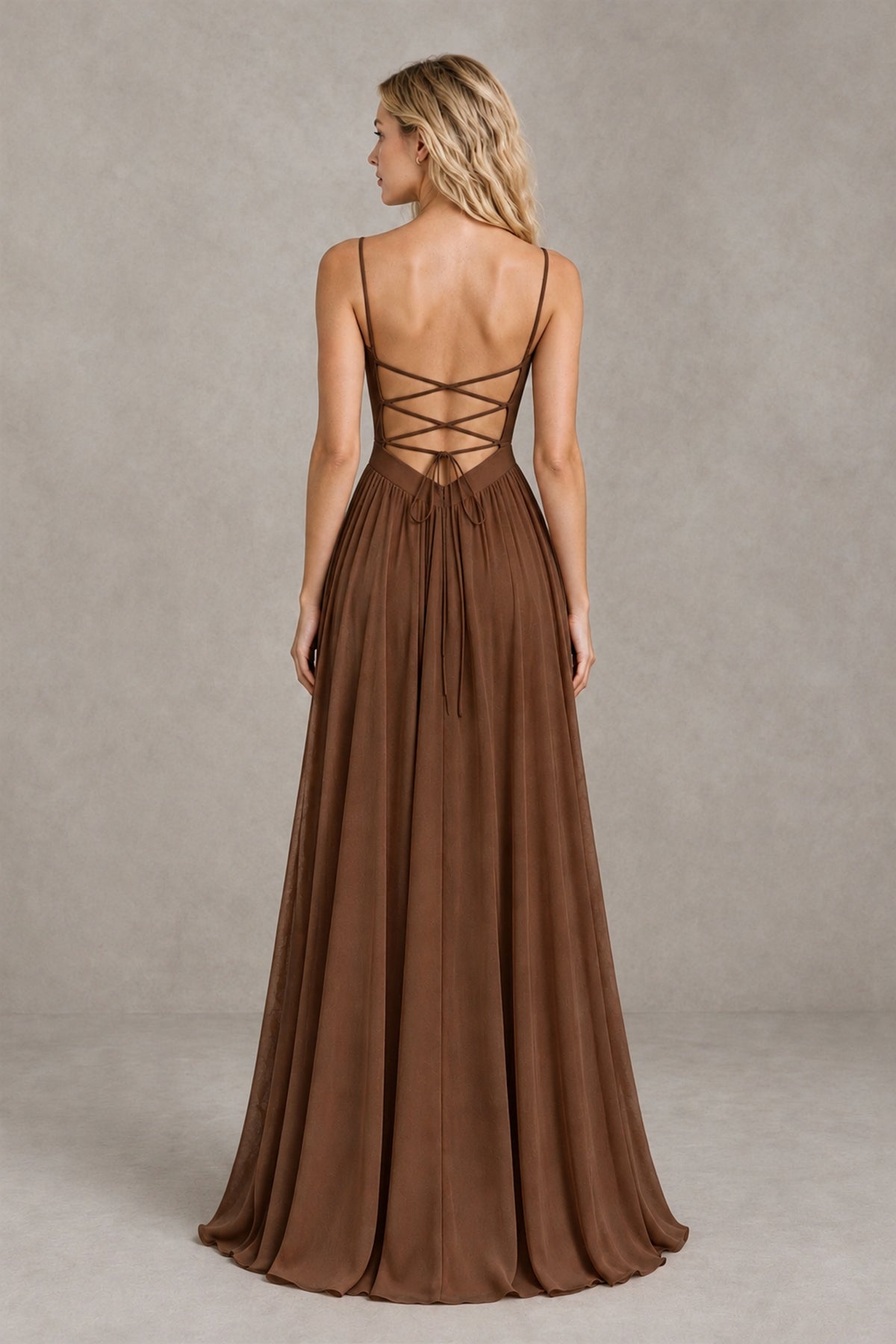 BOLODOO Brown Spaghetti Strap A-Line Bridesmaid Dress with Slit - Brown - Brown_2