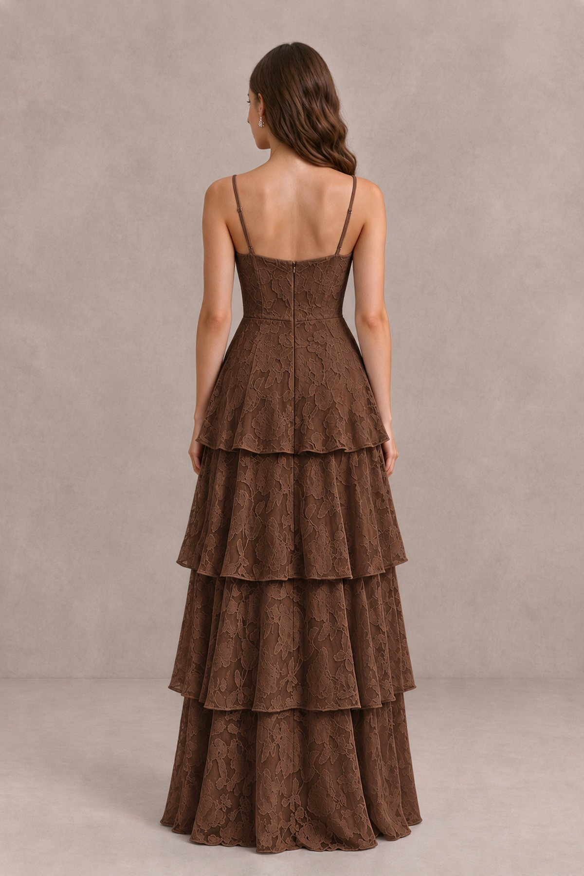 BOLODOO Brown Tiered Floral-Textured Spaghetti Strap Maxi Dress - Brown - Brown_2