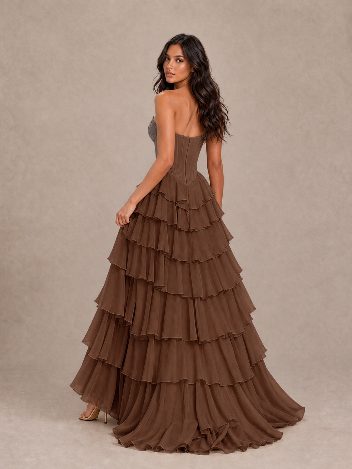 BOLODOO Brown Strapless Corset Tiered Ruffle Prom Dress with High Slit - Brown - Brown_2