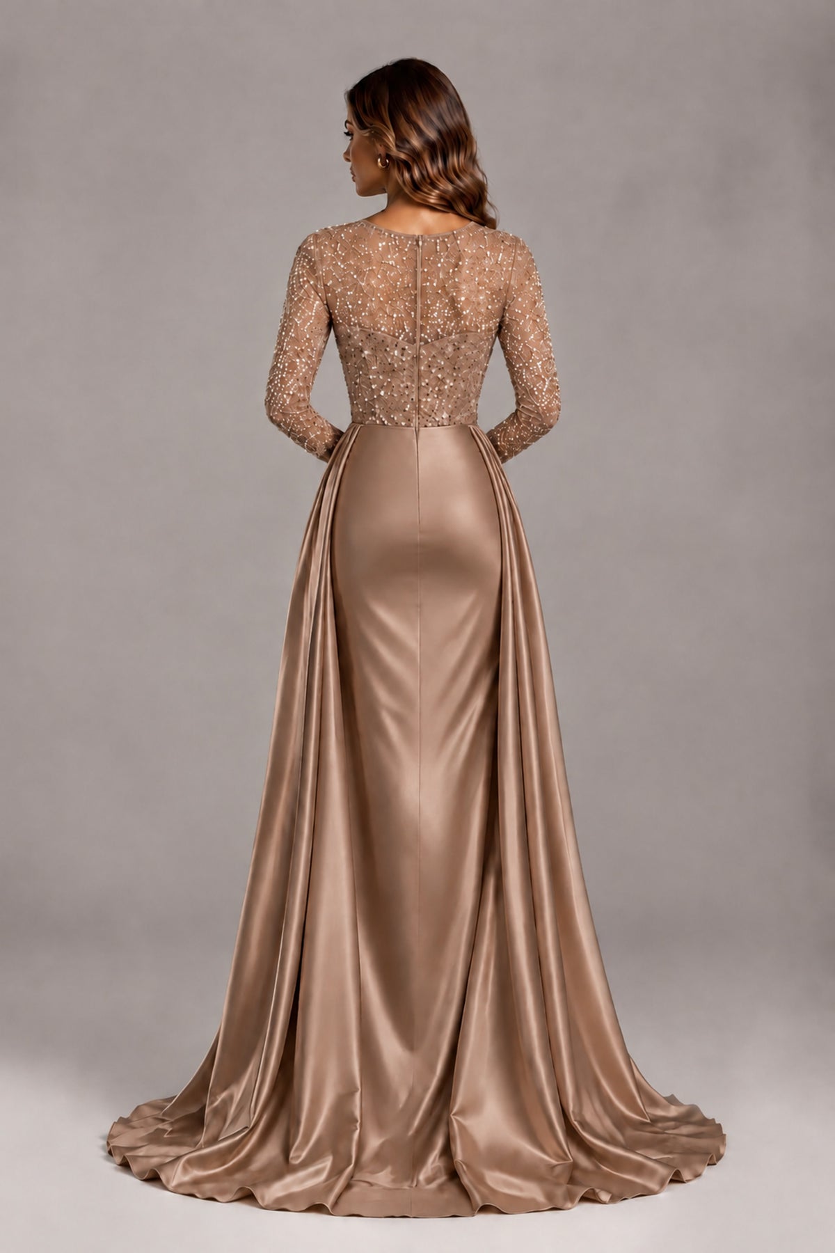 BOLODOO Brown Long Sleeve Embellished Satin Evening Gown with Sweep Train - Brown - Brown_2