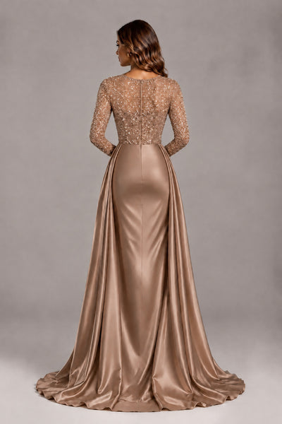 BOLODOO Brown Long Sleeve Embellished Satin Evening Gown with Sweep Train - Brown - Brown_2