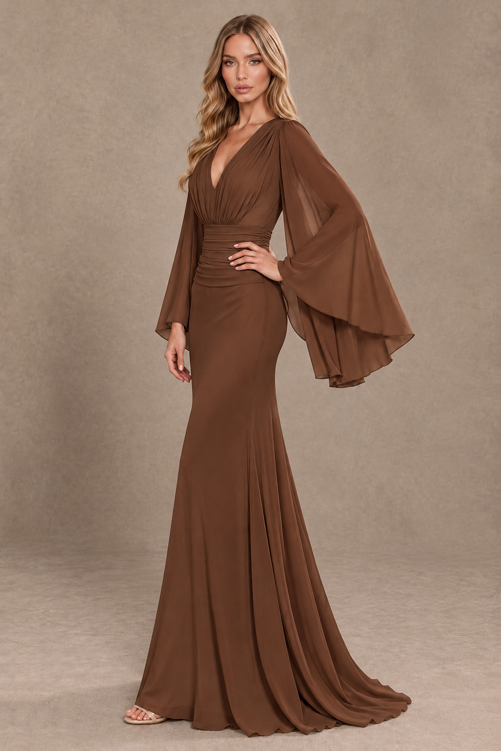 BOLODOO Brown Cape Sleeve V-Neck Ruched Chiffon Evening Dress - Brown - Brown_2