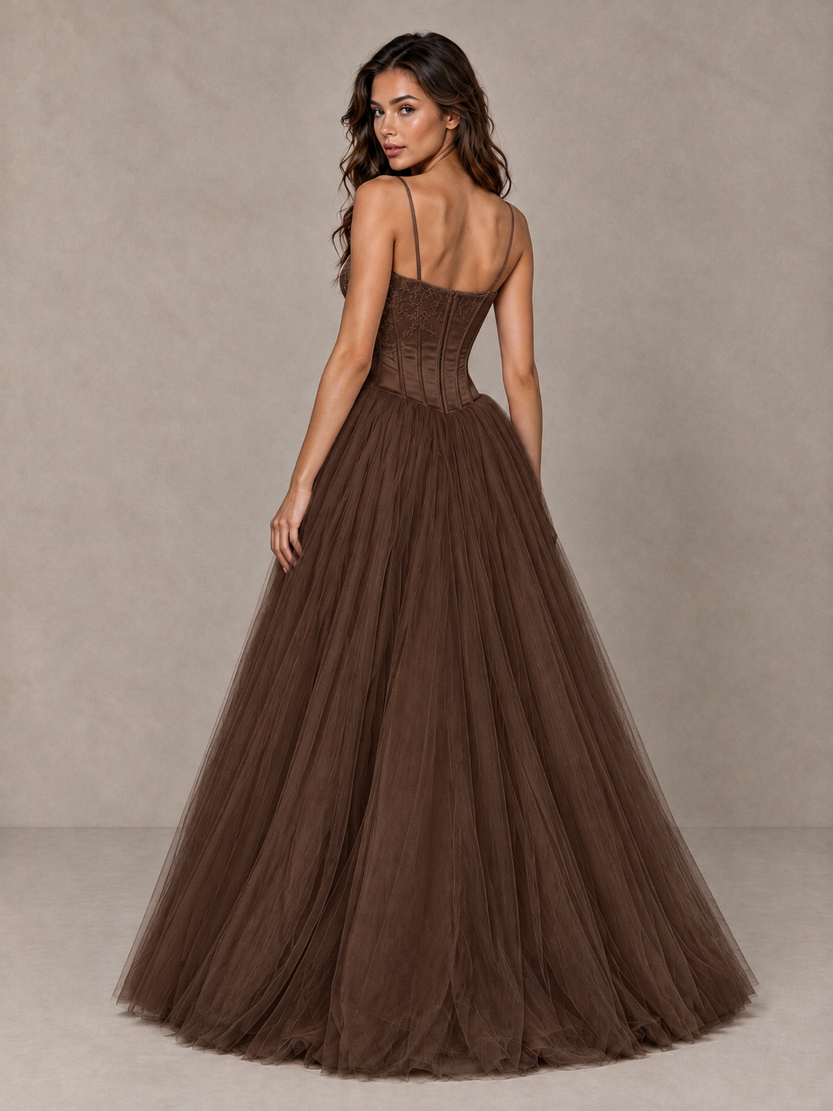 BOLODOO Brown Corset Tulle Prom Dress with Spaghetti Straps - Brown - Brown_2