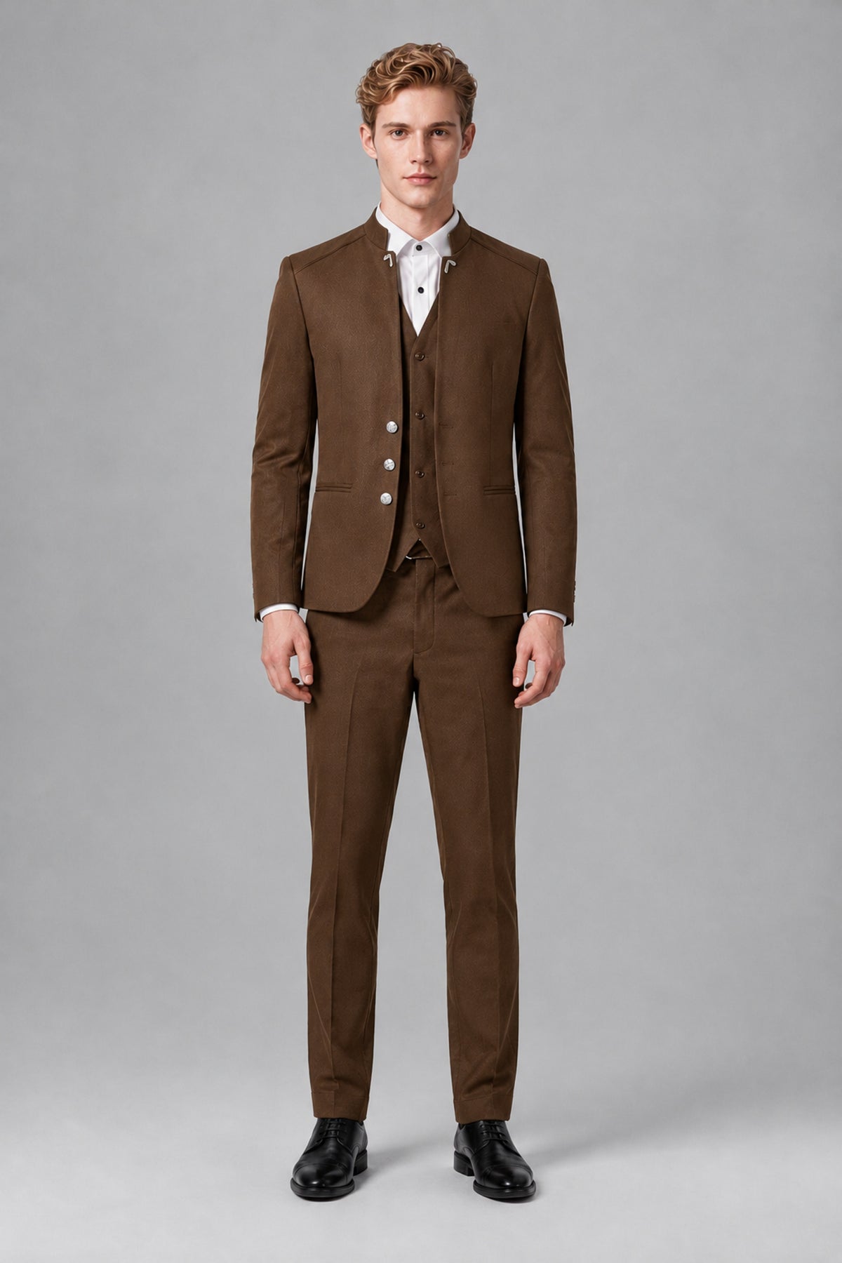 Bolodoo Men's Brown Mandarin Collar 3-Piece Suit – Jacket, Vest & Trousers - Brown - Brown_2