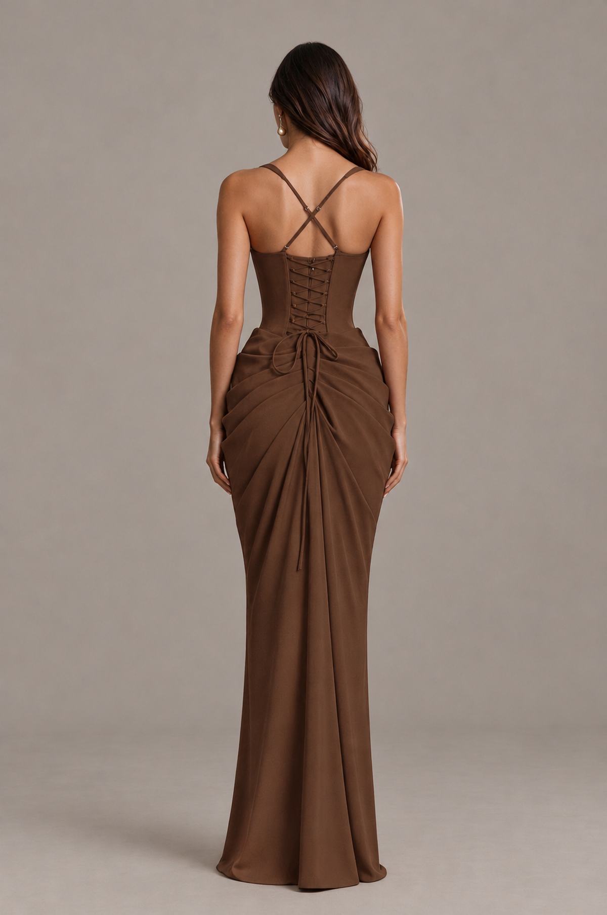 BOLODOO Brown Sweetheart Ruched Lace-Up Back Evening Gown - Brown - Brown_2