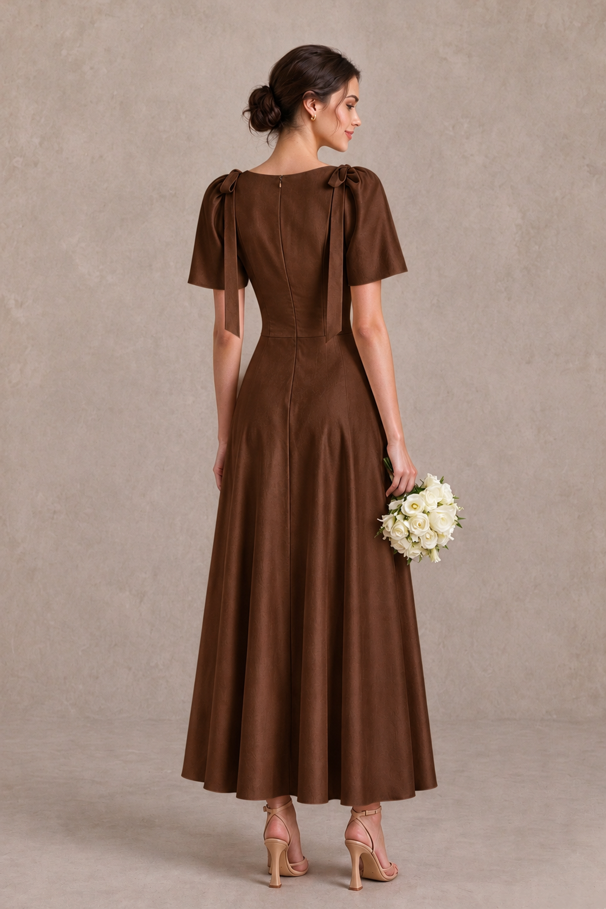 BOLODOO Brown V-Neck Short Sleeve Satin-Look Bridesmaid Dress with Shoulder Bows - Brown - Brown_2
