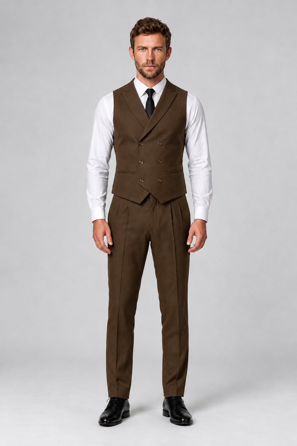Bolodoo Men's Brown Double-Breasted Vest and Pants 2-Piece Suit - Brown - Brown_2
