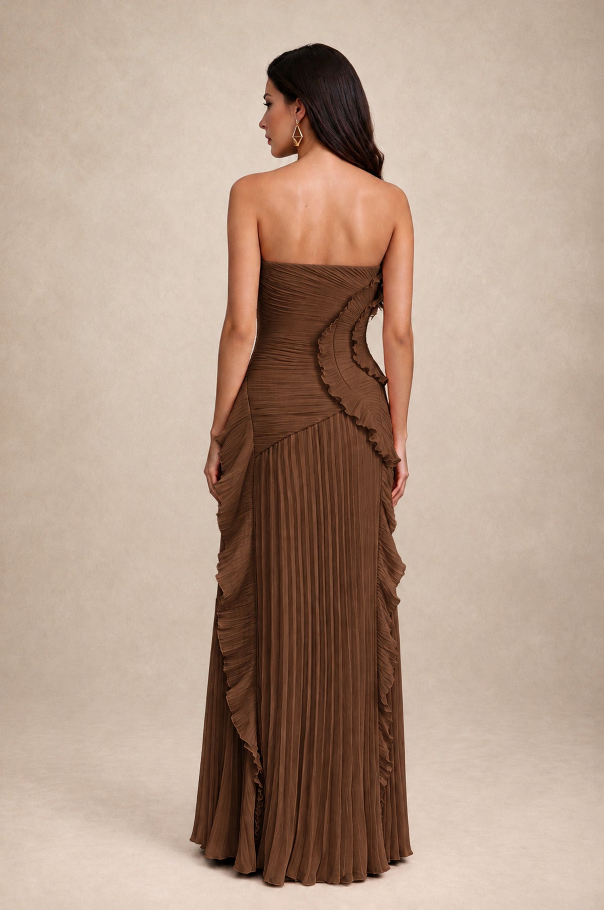 BOLODOO Brown Strapless Ruffle Pleated Slit Evening Gown - Brown - Brown_2