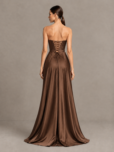 BOLODOO Brown Strapless Satin High-Slit Lace-Up Prom Dress - Brown - Brown_2
