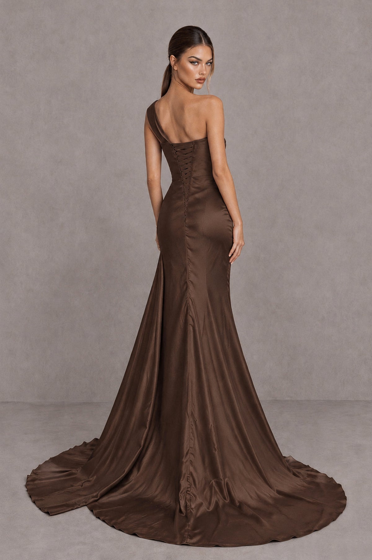 BOLODOO Brown One Shoulder Satin Mermaid Evening Dress with Ruched Slit Skirt - Brown - Brown_2