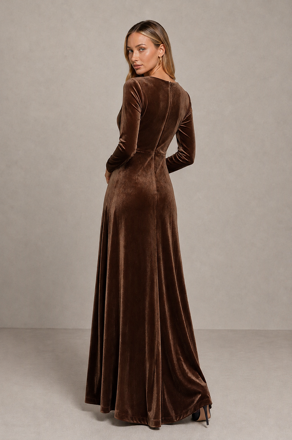 BOLODOO Brown Velvet Long Sleeve V-Neck Ruched Evening Dress - Brown - Brown_2
