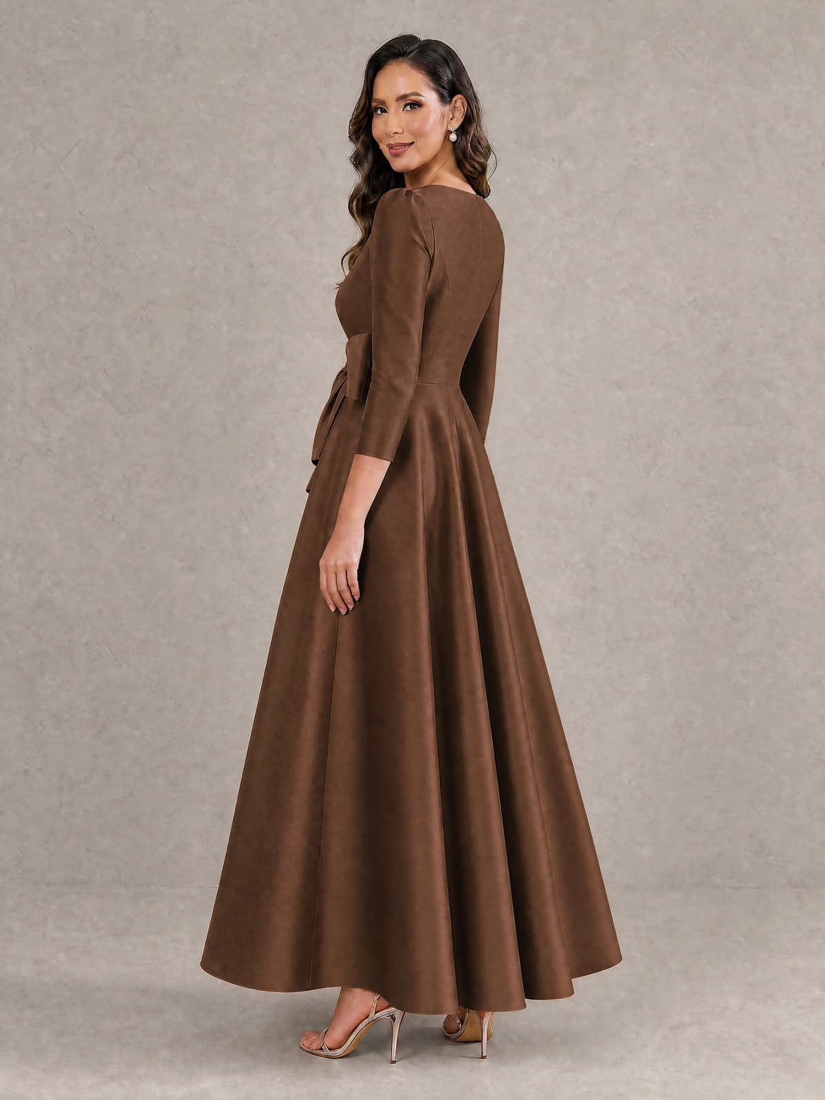 BOLODOO Brown Satin Deep V-Neck Wrap 3/4 Puff Sleeve A-Line Ball Gown Maxi Dress with Oversized Bow Belt - Brown
