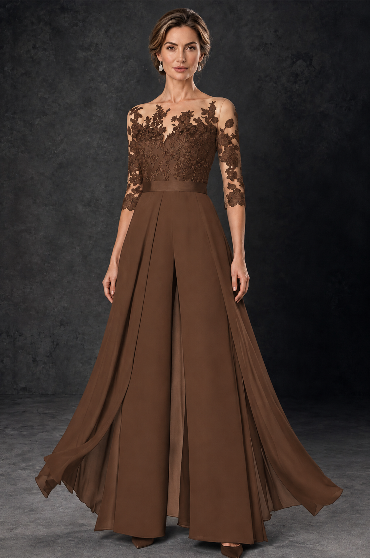 BOLODOO Brown Lace Wide-Leg Jumpsuit with Three-Quarter Sleeves - Brown - Brown_2