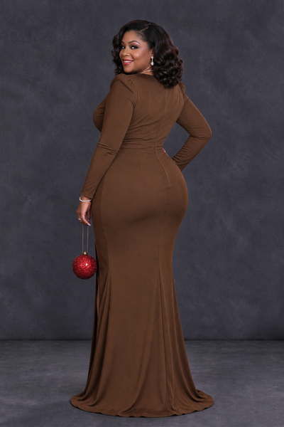 BOLODOO Brown Plus Size Long Sleeve V-Neck Mother of the Bride Dress with Slit - Brown - Brown_2