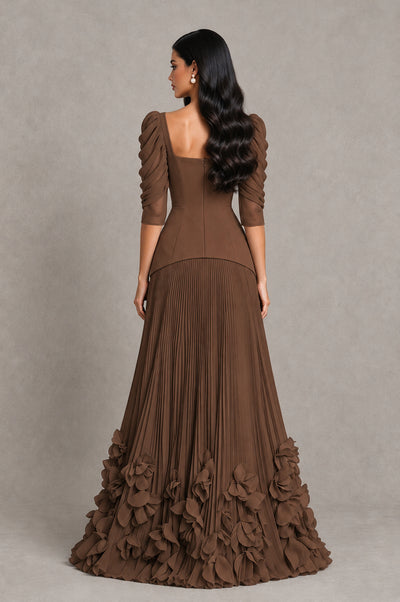 BOLODOO Brown Square Neck Pleated Floral Applique Evening Dress - Brown - Brown_2