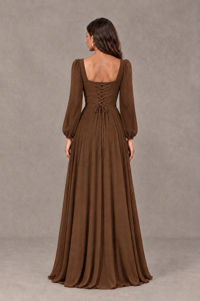 BOLODOO Brown Square Neck Long Sleeve A-Line Bridesmaid Dress - Brown - Brown_2