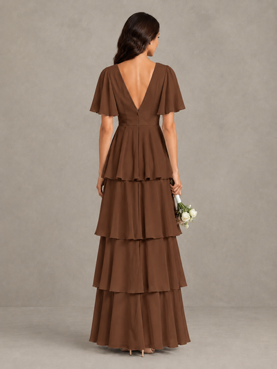 BOLODOO Brown Tiered Flutter Sleeve Bridesmaid Dress - Brown - Brown_2