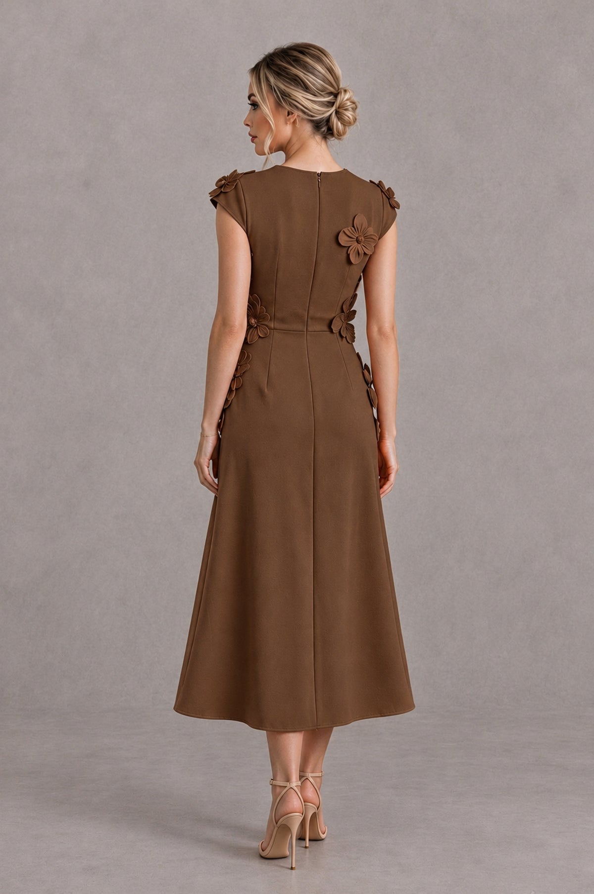 BOLODOO Brown 3D Floral Cap Sleeve Midi Cocktail Dress - Brown - Brown_2