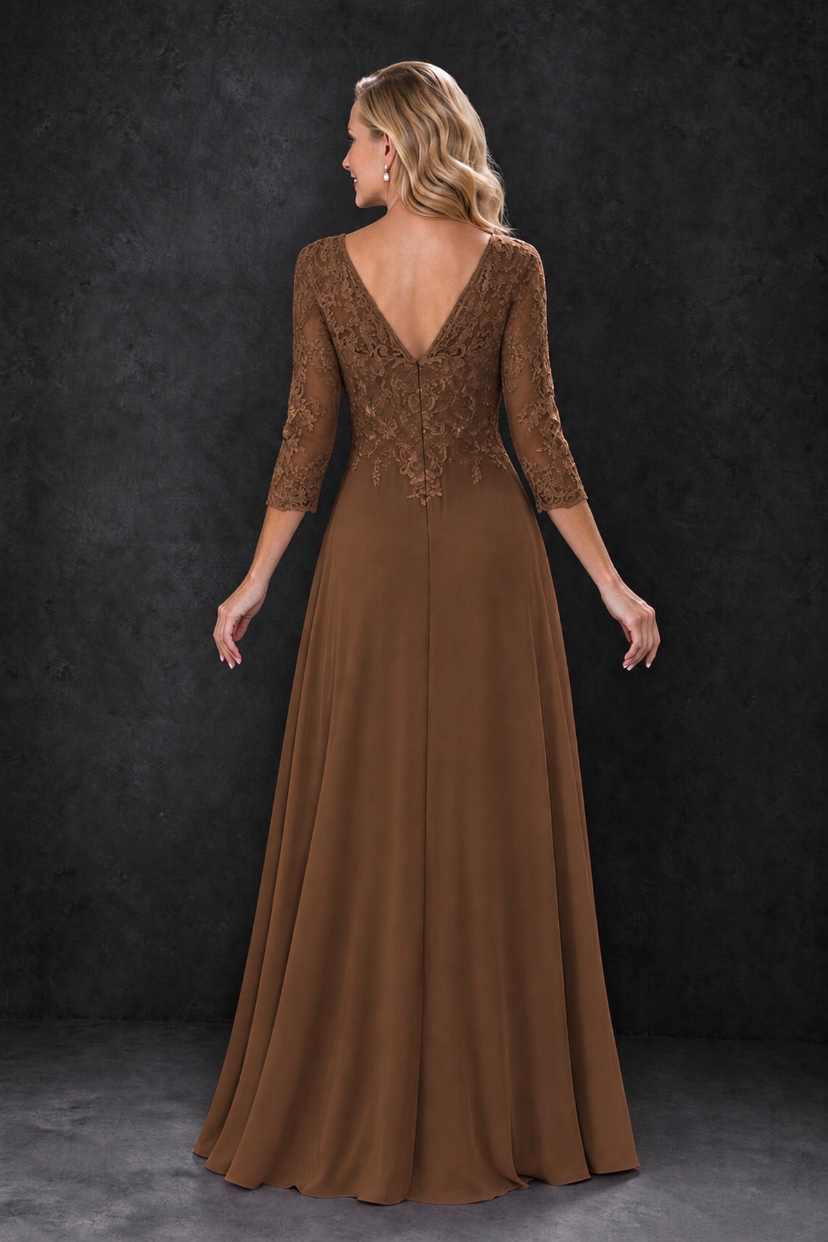 BOLODOO Brown Lace Embroidered Mother of the Bride Dress with 3/4 Sleeves - Brown - Brown_2