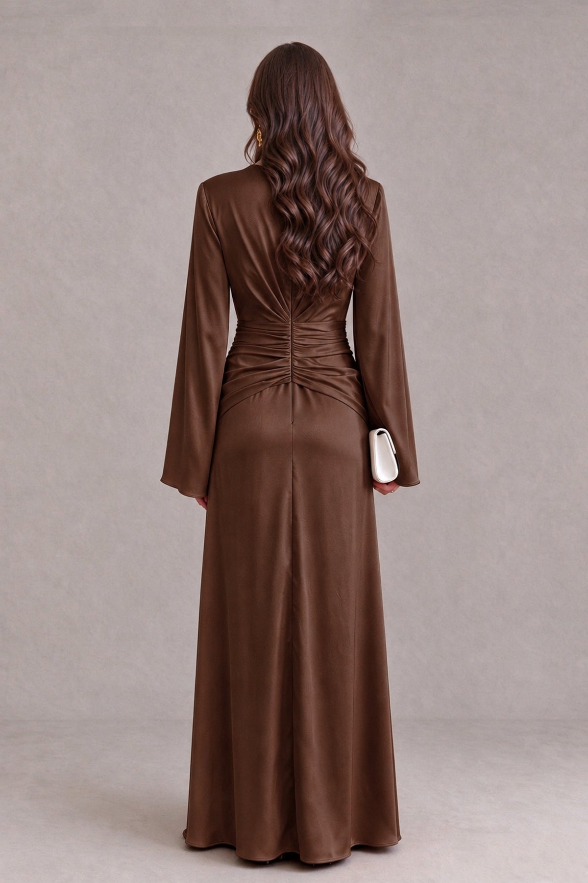 BOLODOO Brown Yellow Satin-Look V-Neck Long Bell Sleeve Evening Dress - Brown - Brown_2