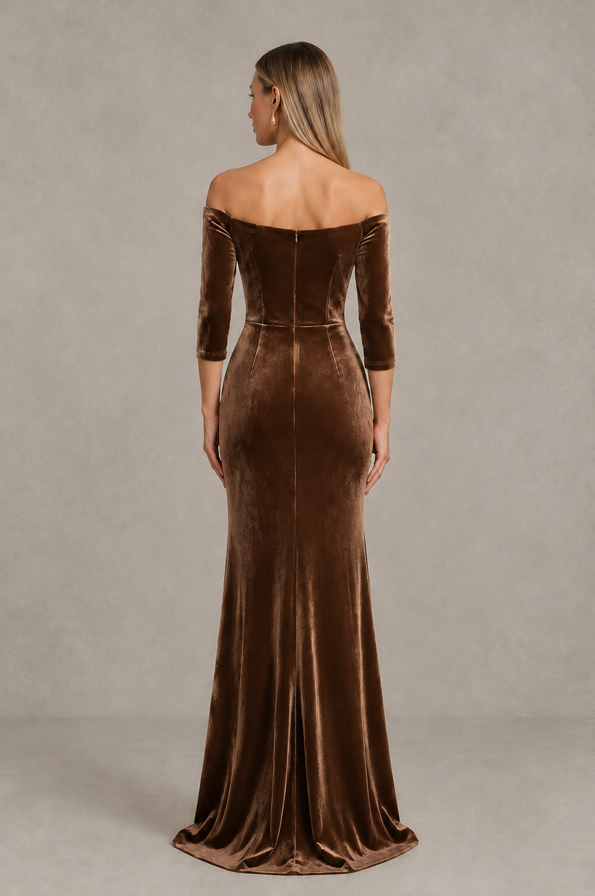 BOLODOO Brown Off-Shoulder Velvet Evening Dress with High Slit - Brown - Brown_2