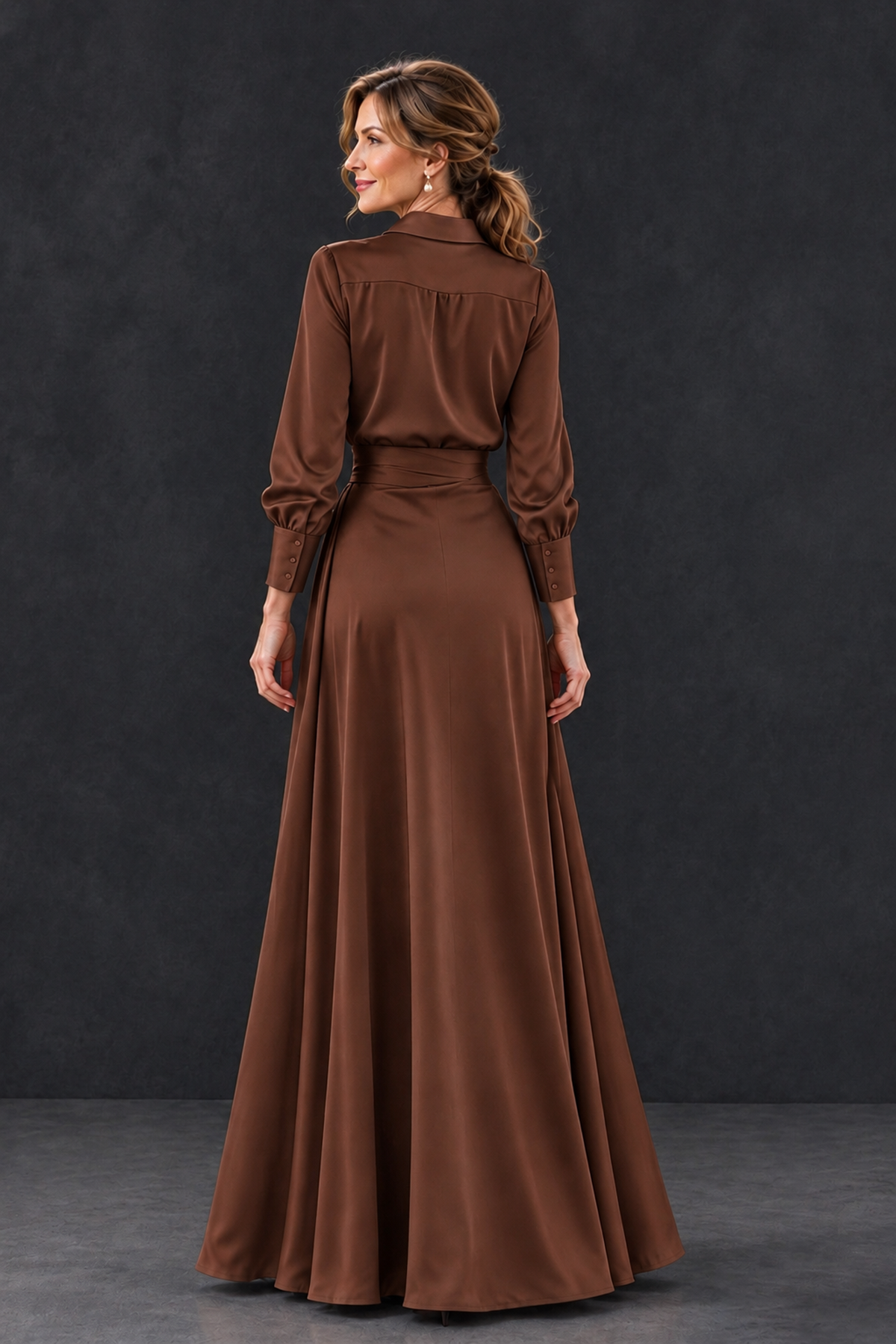 BOLODOO Brown Long Sleeve Satin-Look Lace Panel Gown - Brown - Brown_2