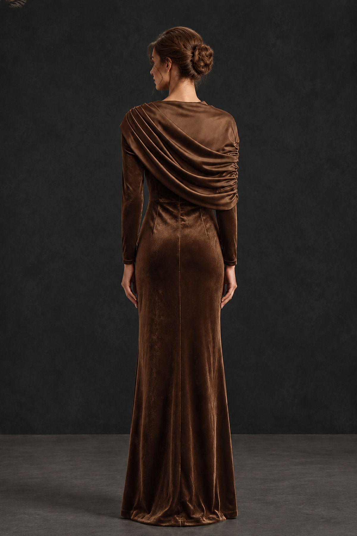 BOLODOO Brown Velvet Long Sleeve Draped Mother of the Bride Dress - Brown - Brown_2