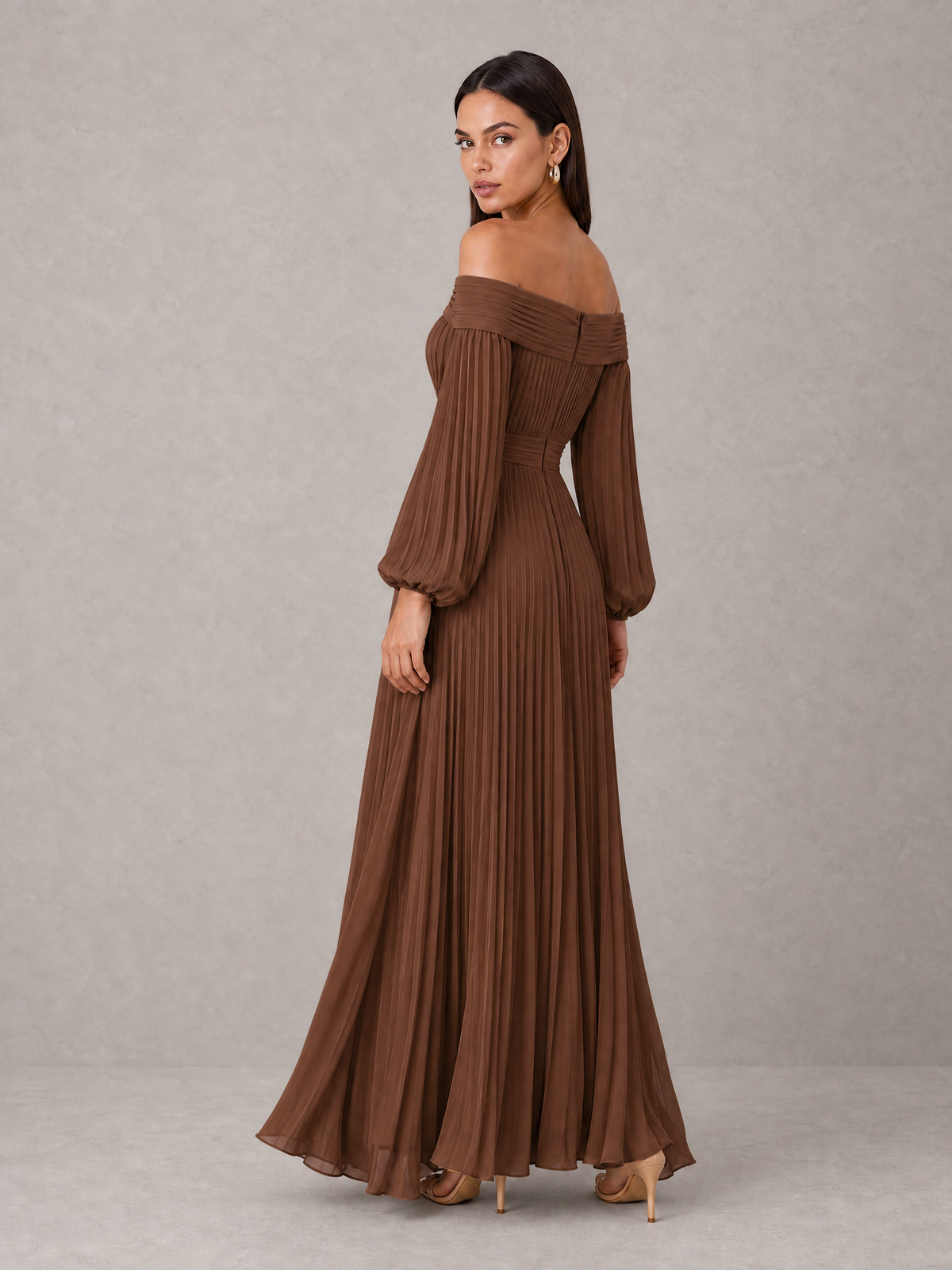 BOLODOO Brown Off-Shoulder Long Sleeve Pleated High-Low Dress - Brown - Brown_2
