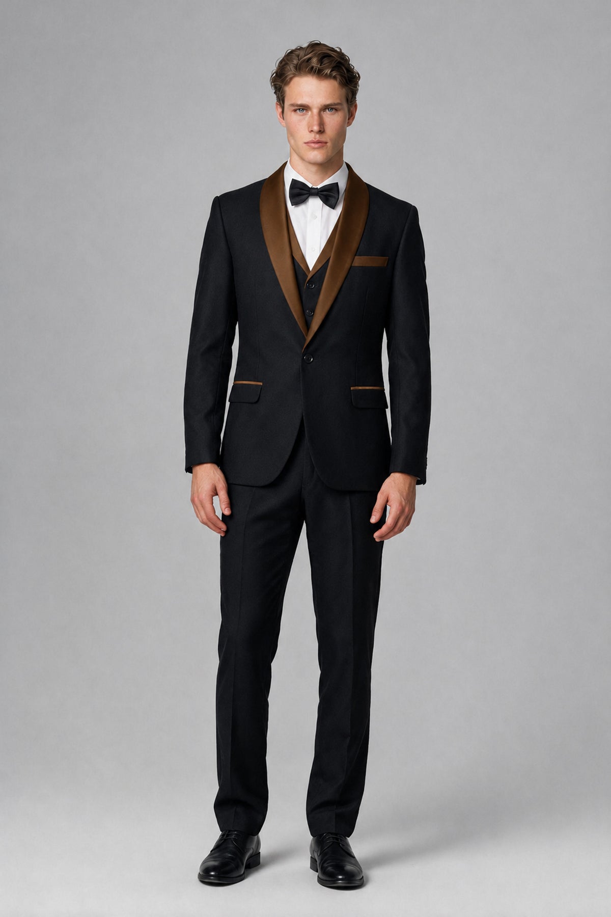 Bolodoo Men's Brown 3-Piece Shawl Lapel Tuxedo Suit - Brown - Brown_2