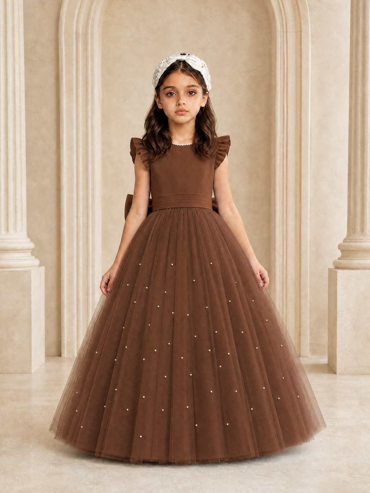 BOLODOO Brown Tulle Flower Girl Dress with Ruffle Sleeves & Bow Back - Brown - Brown_2