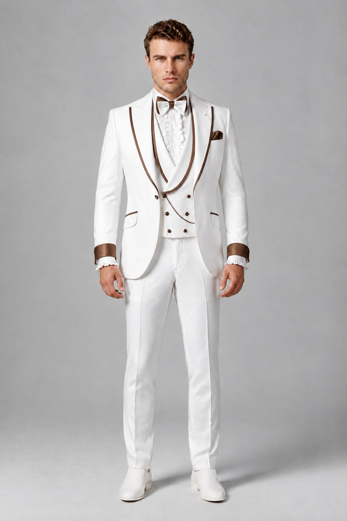 Bolodoo Men's White and Brown Three-Piece Wedding Tuxedo Suit - Brown - Brown_2