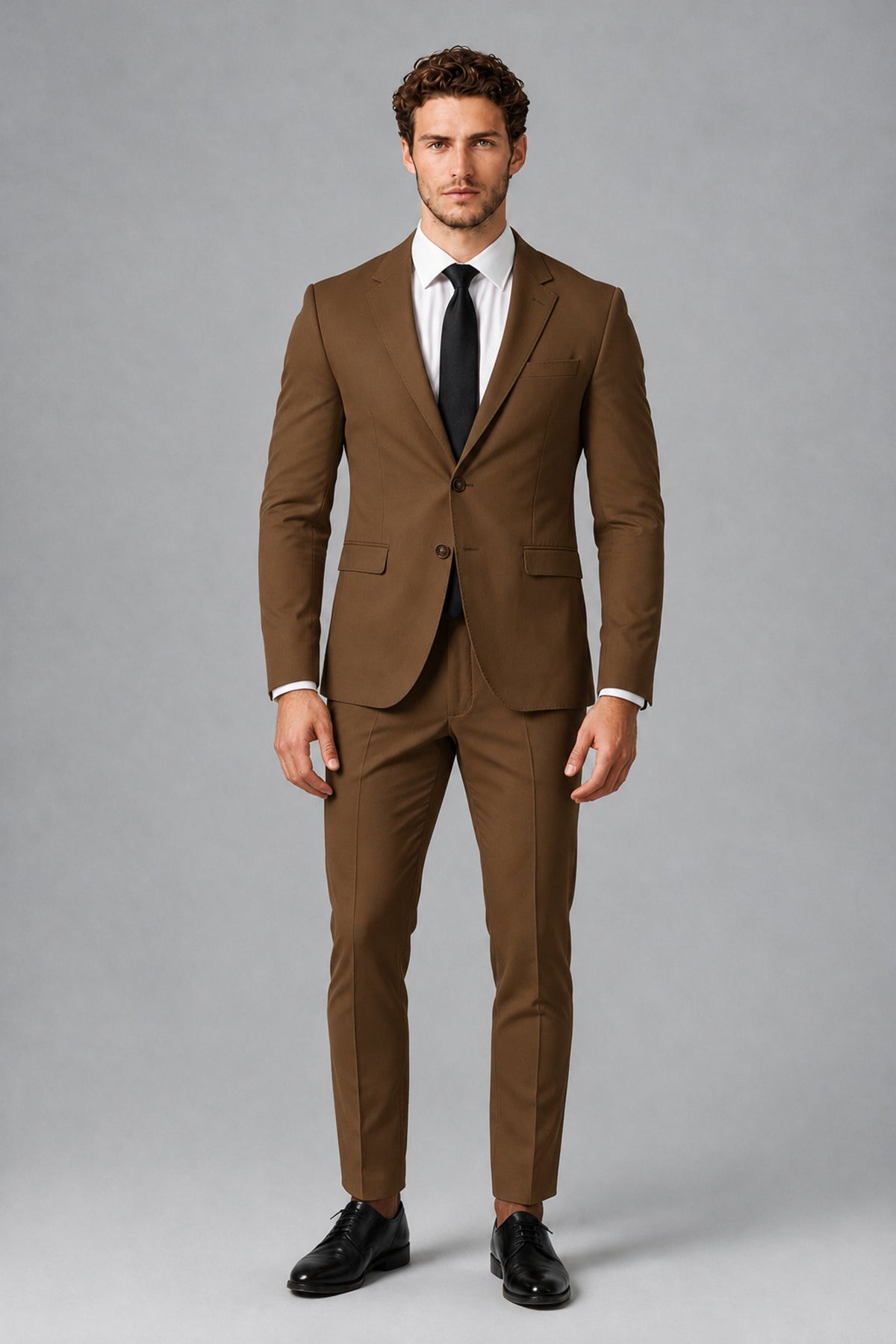 Bolodoo Men's Brown Two-Piece Suit with Notch-Lapel Jacket & Trousers - Brown - Brown_2