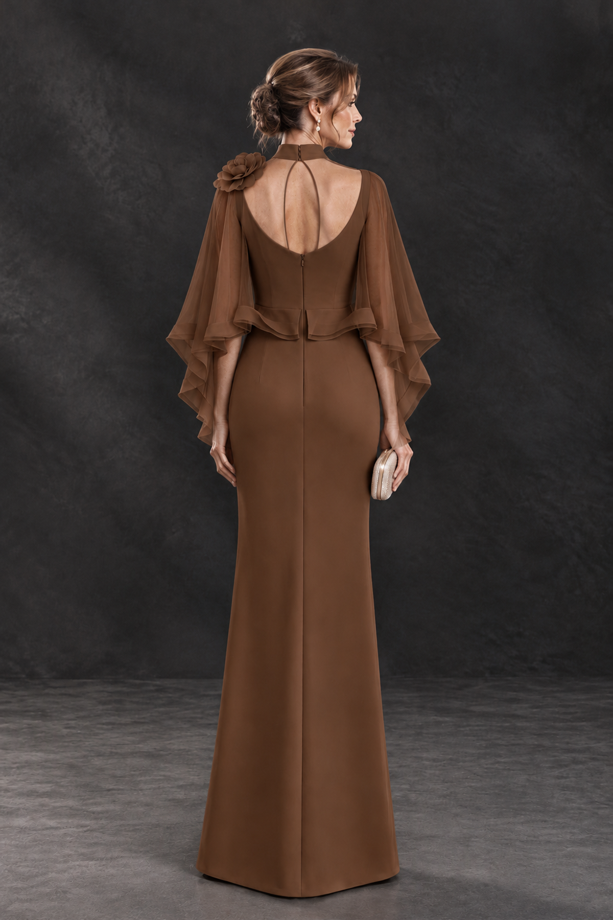 BOLODOO Brown Floral Cape Sleeve Mother of the Bride Dress - Brown - Brown_2