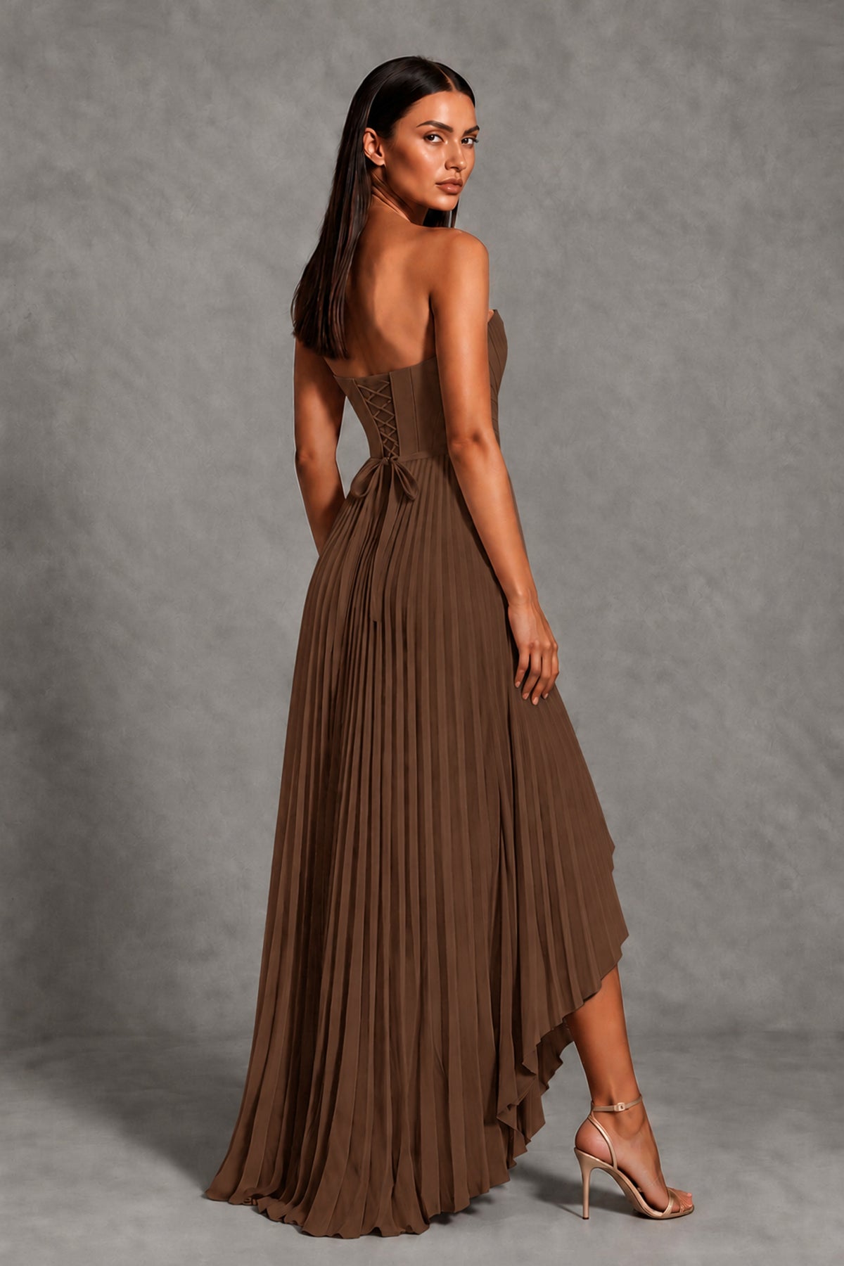 Brown Strapless Pleated High-Low Evening Gown with Ruffle Hem - Brown - Brown_2